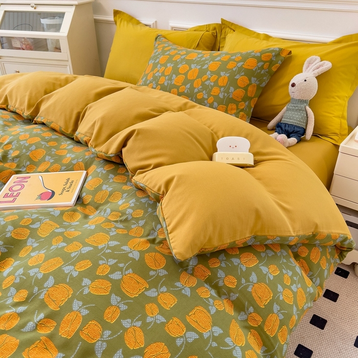 91家纺网 家纺一手货源 找家纺 宝士康家纺 2024新款水洗棉麻双层纱四件套系列  秋叶询丽