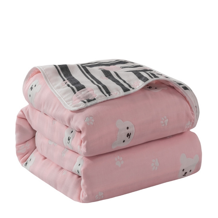 91家纺网 家纺一手货源 找家纺 朴尔2024经典六层纱布全棉毛巾被系列-朴尔经典款常年备货 甜蜜小熊-粉