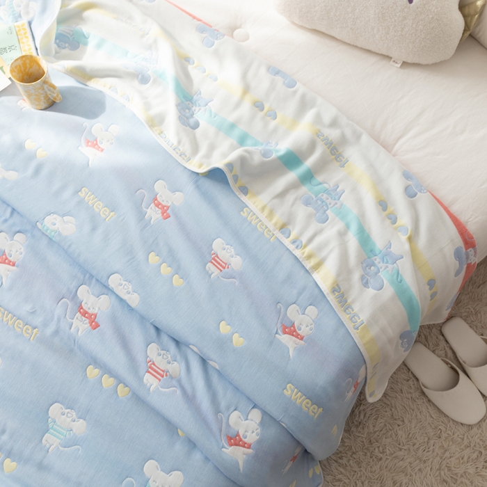 91家纺网 家纺一手货源 找家纺 朴尔家纺-毛巾被 2024年新款卡通系全棉六层纱毛巾被-朴尔经典款常年备货 开心鼠-蓝