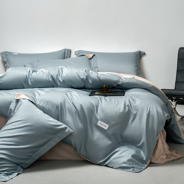 91家纺网 家纺一手货源 找家纺 秀色家纺 2025新款60支贡缎新疆长绒棉全棉纯棉三件套轻奢床品床单床笠被套床上四件套 都市-天空蓝茱萸粉