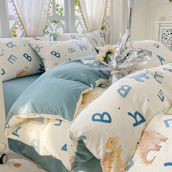 91家纺网 家纺一手货源 找家纺 牛牛家纺 牛牛  2024新款泡泡棉小清新四件套(1) 字母恐龙