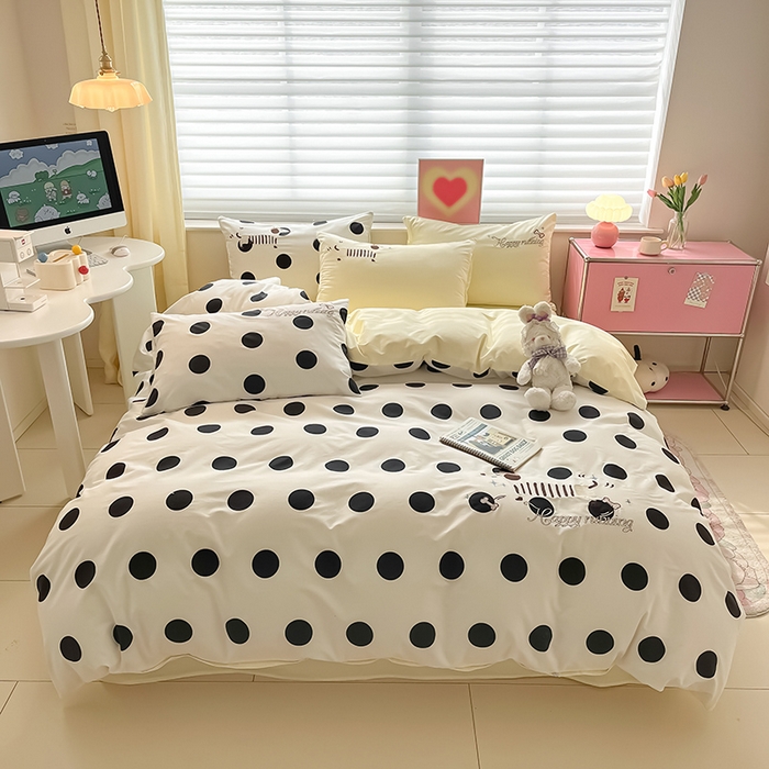 91家纺网 家纺一手货源 找家纺 2024蜜柚新品直播电商全棉13372ins博主风刺绣四件套 波点狗狗