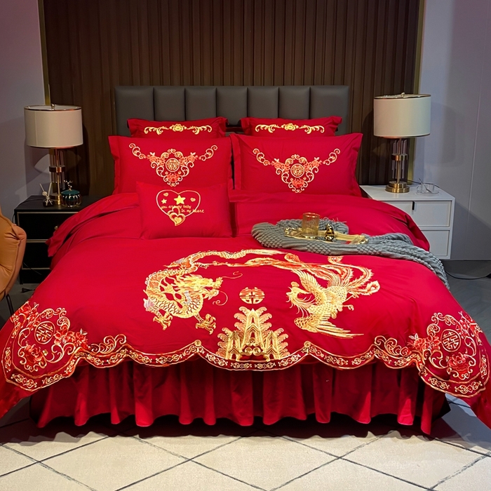 91家纺网 家纺一手货源 找家纺 慕她家纺 2025新款磨毛婚庆四件套结婚刺绣花床品六喜庆 盛世龙凤