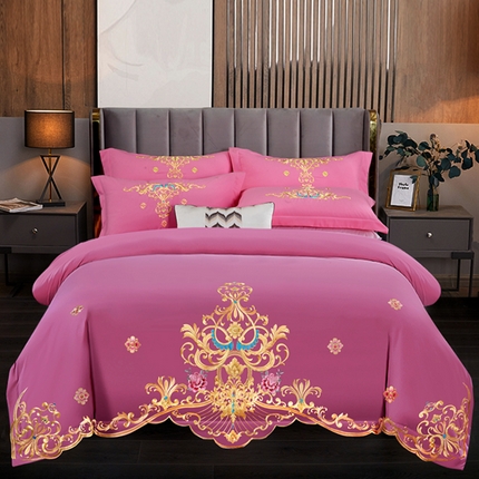 慕她家纺 2025新款磨毛婚庆四件套结婚刺绣花床品六喜庆 盛世庄园 雅豆沙