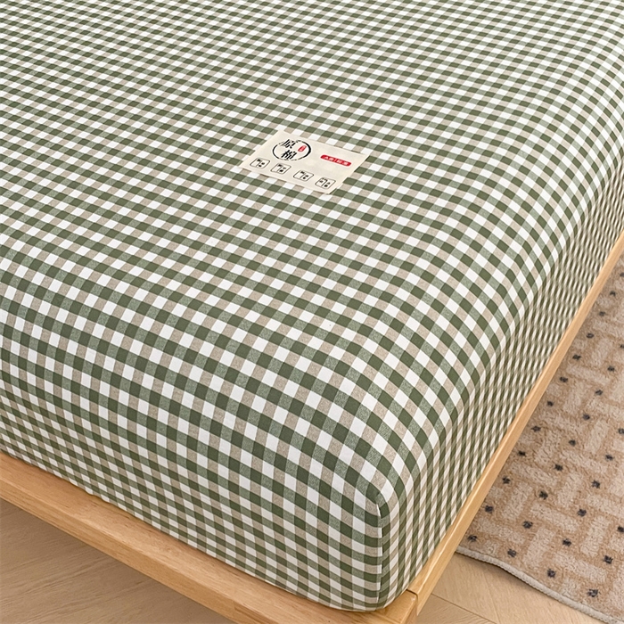 91家纺网 家纺一手货源 找家纺 梦舒羽 2025新款水洗棉麻单层床笠席梦思床垫保护套床单套加枕套-简约格子 小格-绿