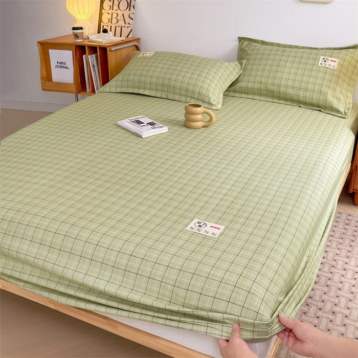 91家纺网 家纺一手货源 找家纺 梦舒羽 2025新款水洗棉麻单层床笠席梦思床垫保护套床单套加枕套-简约格子 线条格-绿