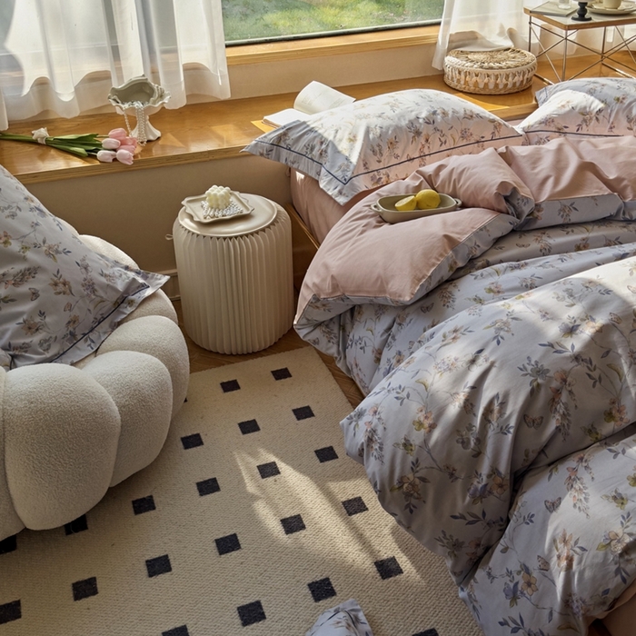 91家纺网 家纺一手货源 找家纺 由丽 2025新款2月全工艺柔棉全棉印花三件套四件套有床笠款 望舒-蓝