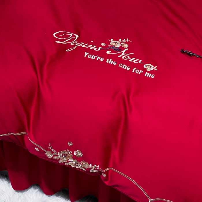 91家纺网 家纺一手货源 找家纺 慕她家纺 2025新款磨毛婚庆四件套结婚刺绣花床品六喜庆 玫瑰情缘