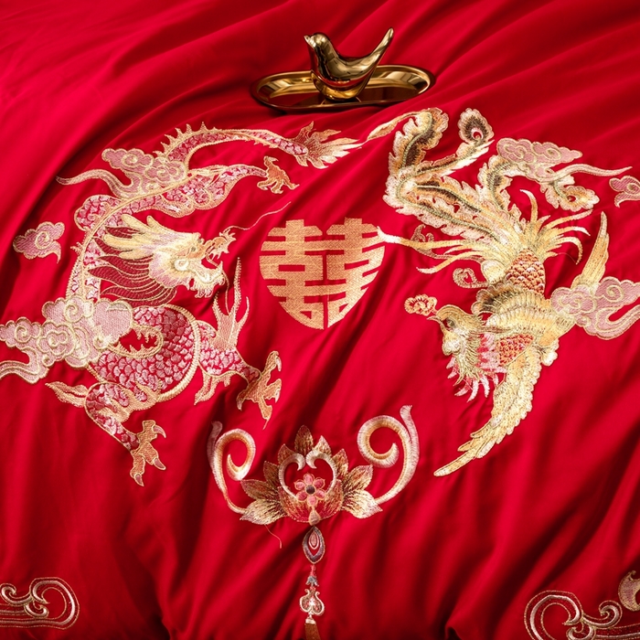 91家纺网 家纺一手货源 找家纺 慕她家纺 2025新款磨毛婚庆四件套结婚刺绣花床品六喜庆 龙凤传情