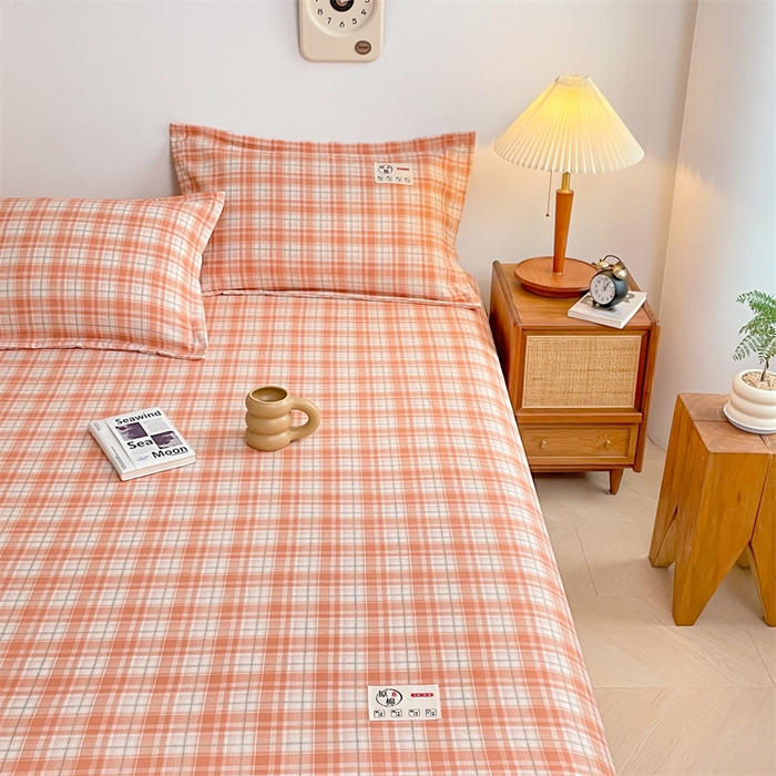 91家纺网 家纺一手货源 找家纺 梦舒羽 2025新款水洗棉麻单层床笠席梦思床垫保护套床单套加枕套-简约格子 线条格-粉玉