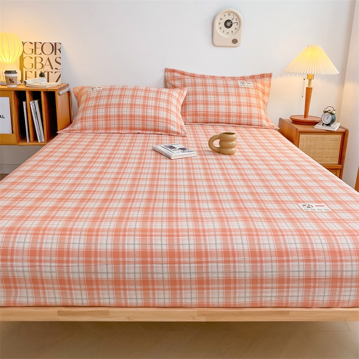 91家纺网 家纺一手货源 找家纺 梦舒羽 2025新款水洗棉麻单层床笠席梦思床垫保护套床单套加枕套-简约格子 线条格-粉玉