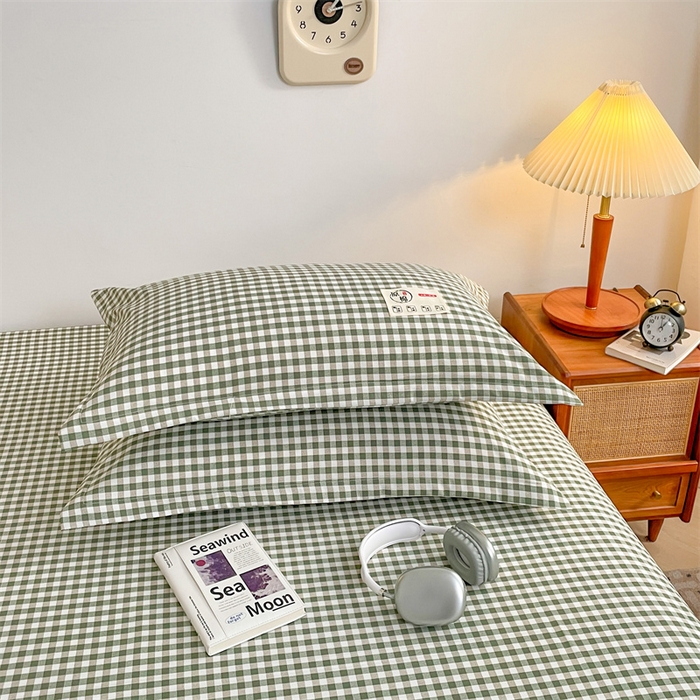 91家纺网 家纺一手货源 找家纺 2025新款水洗棉麻单层枕套宿舍枕芯内胆套枕头套-简约格子 小格-绿