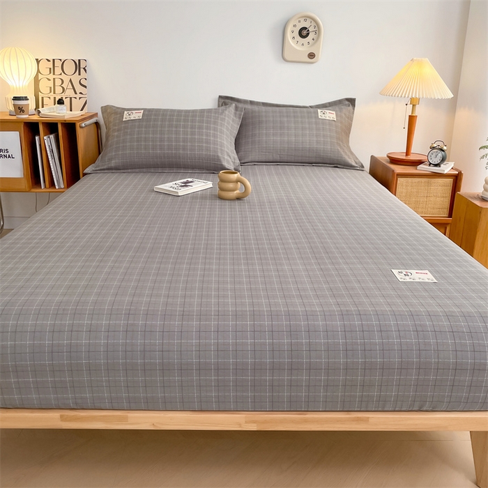 91家纺网 家纺一手货源 找家纺 梦舒羽 2025新款水洗棉麻单层床笠席梦思床垫保护套床单套加枕套-简约格子 线条格-深灰