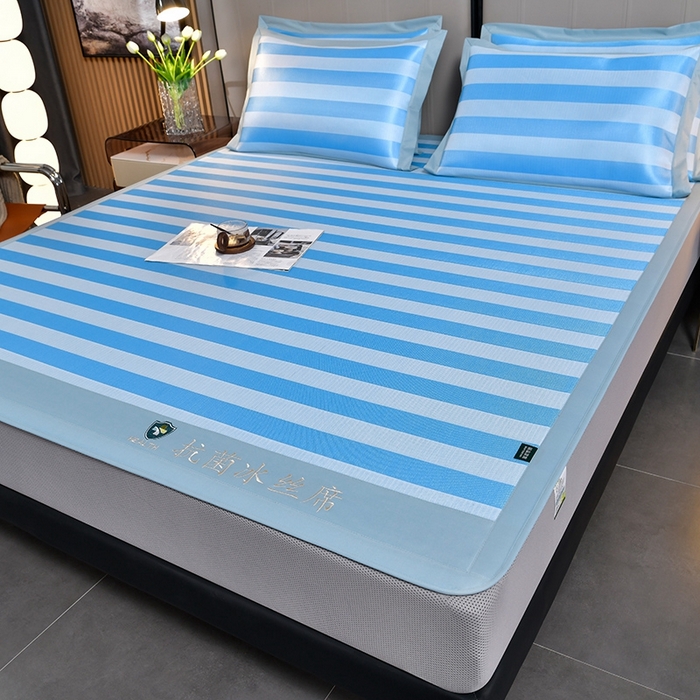 91家纺网 家纺一手货源 找家纺 简一 2024新款A类经典条纹抗菌冰丝席-床笠款 钴蓝床笠款