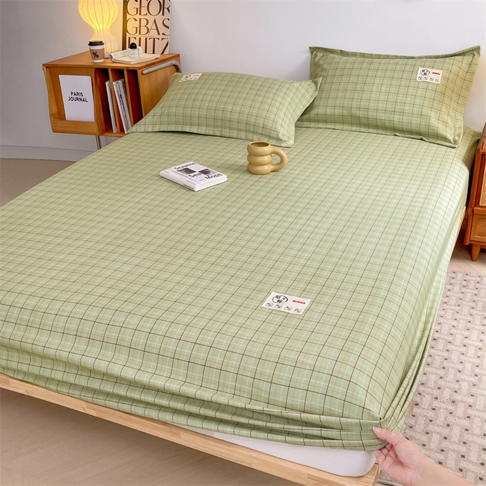 91家纺网 家纺一手货源 找家纺 梦舒羽 2025新款水洗棉麻单层床笠席梦思床垫保护套床单套加枕套-简约格子 线条格-绿