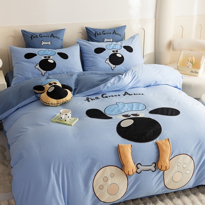 91家纺网 家纺一手货源 找家纺 绒棉世家 2025新款专版贴布绣四件套-大耳狗汪汪队 大耳狗汪汪队-蓝色