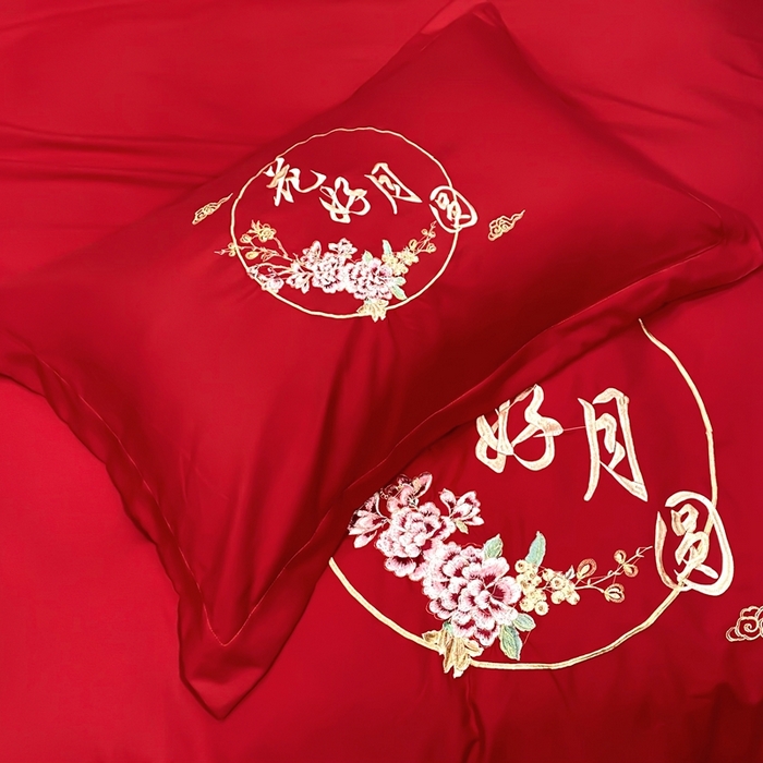 91家纺网 家纺一手货源 找家纺 慕她家纺 2025新款磨毛婚庆四件套结婚刺绣花床品六喜庆 花好月圆