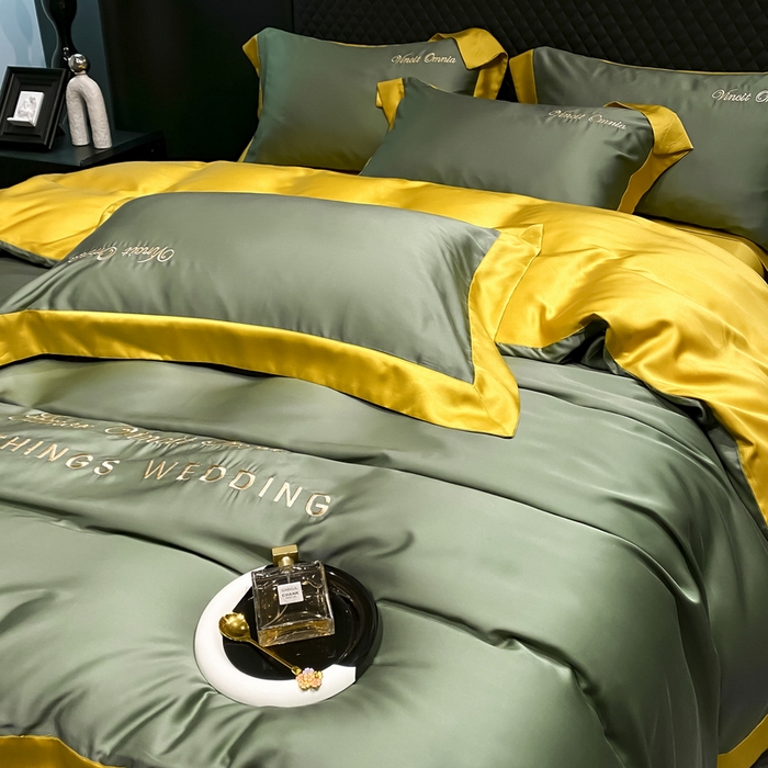 91家纺网 家纺一手货源 找家纺 优悦生活馆 2024新款永恒款冰丝刺绣四件套-风格二 永恒-海藻绿