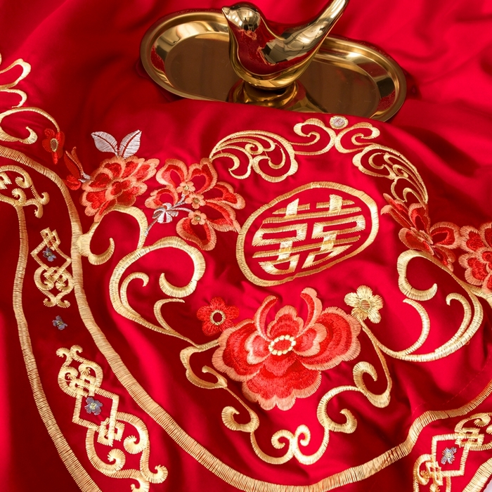 91家纺网 家纺一手货源 找家纺 慕她家纺 2025新款磨毛婚庆四件套结婚刺绣花床品六喜庆 盛世龙凤