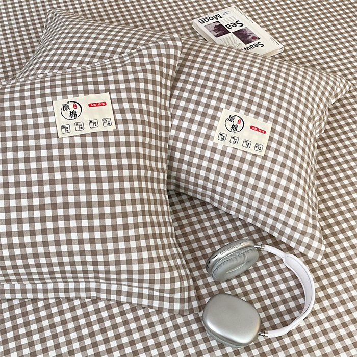 91家纺网 家纺一手货源 找家纺 2025新款水洗棉麻单层枕套宿舍枕芯内胆套枕头套-简约格子 小格-灰