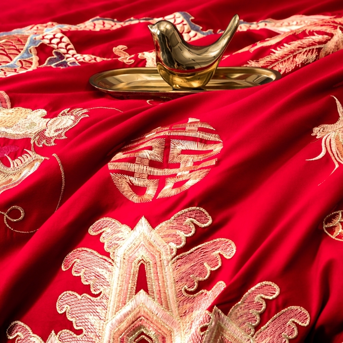 91家纺网 家纺一手货源 找家纺 慕她家纺 2025新款磨毛婚庆四件套结婚刺绣花床品六喜庆 盛世龙凤