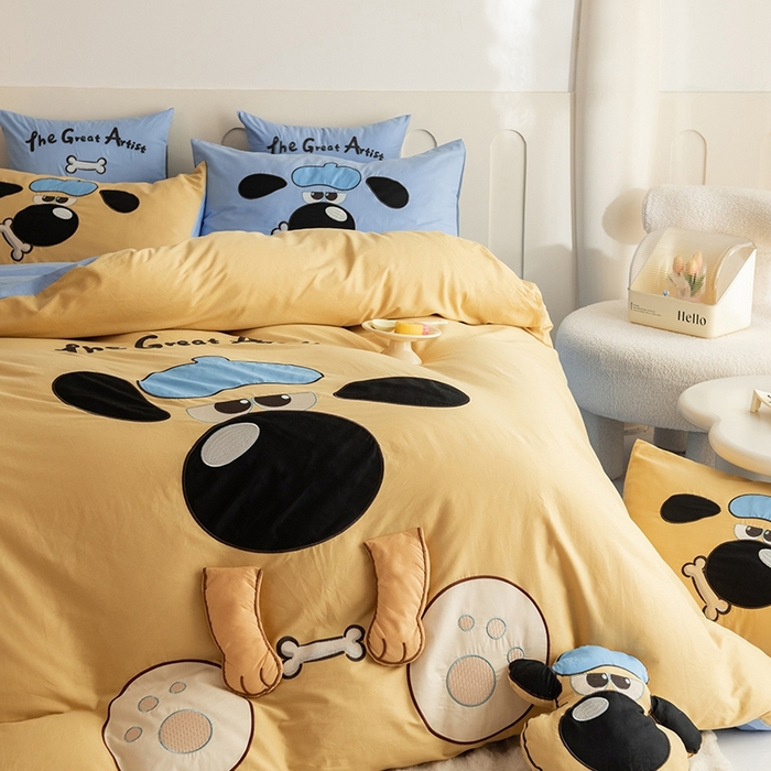 91家纺网 家纺一手货源 找家纺 绒棉世家 2025新款专版贴布绣四件套-大耳狗汪汪队 大耳狗汪汪队-黄色