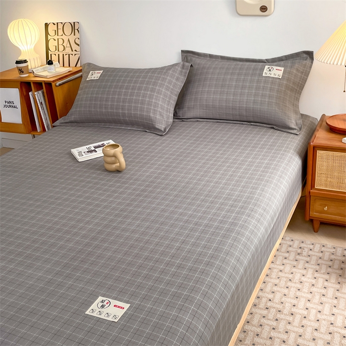 91家纺网 家纺一手货源 找家纺 梦舒羽 2025新款水洗棉麻单层床笠席梦思床垫保护套床单套加枕套-简约格子 线条格-深灰