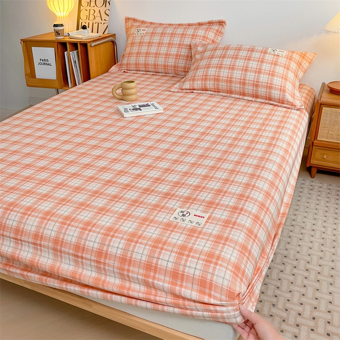 91家纺网 家纺一手货源 找家纺 梦舒羽 2025新款水洗棉麻单层床笠席梦思床垫保护套床单套加枕套-简约格子 线条格-粉玉