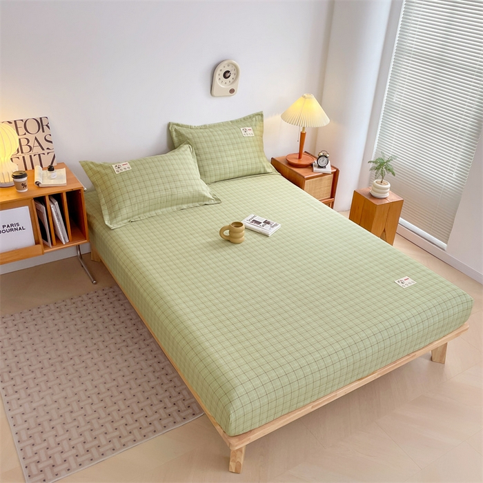91家纺网 家纺一手货源 找家纺 梦舒羽 2025新款水洗棉麻单层床笠席梦思床垫保护套床单套加枕套-简约格子 线条格-绿