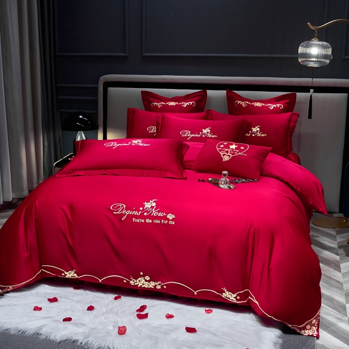 91家纺网 家纺一手货源 找家纺 慕她家纺 2025新款磨毛婚庆四件套结婚刺绣花床品六喜庆 玫瑰情缘