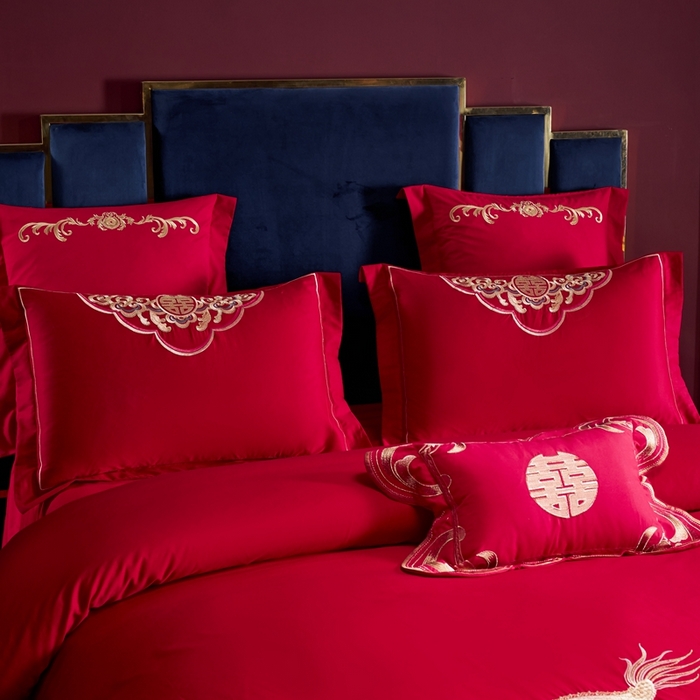 91家纺网 家纺一手货源 找家纺 慕她家纺 2025新款磨毛婚庆四件套结婚刺绣花床品六喜庆 龙凤欢腾
