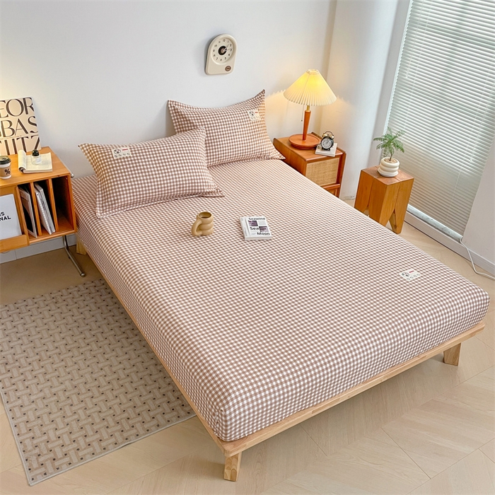 91家纺网 家纺一手货源 找家纺 梦舒羽 2025新款水洗棉麻单层床笠席梦思床垫保护套床单套加枕套-简约格子 小格-咖