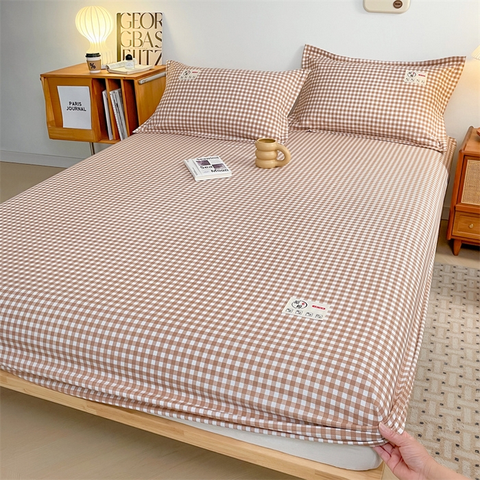 91家纺网 家纺一手货源 找家纺 梦舒羽 2025新款水洗棉麻单层床笠席梦思床垫保护套床单套加枕套-简约格子 小格-咖