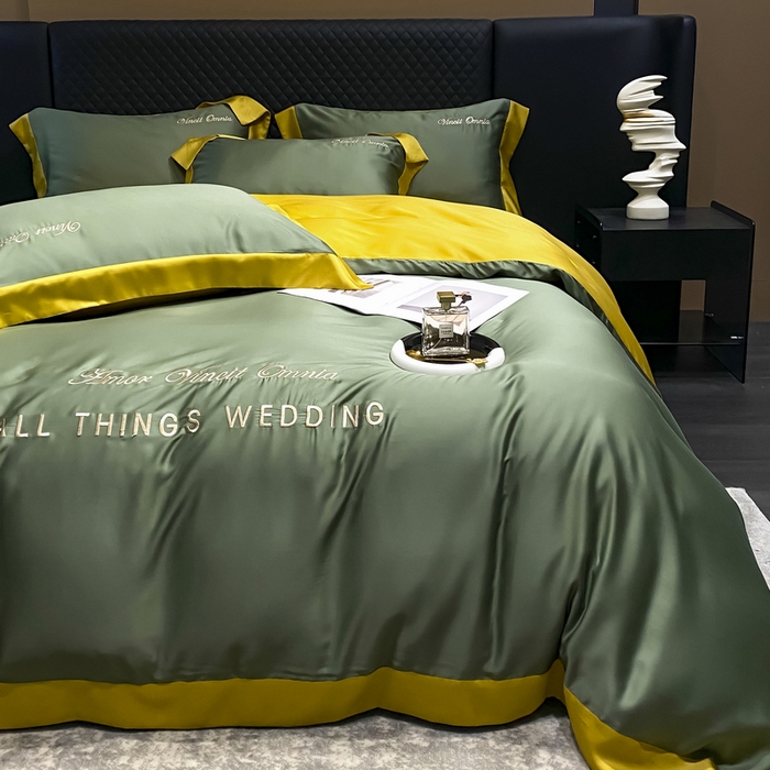 91家纺网 家纺一手货源 找家纺 优悦生活馆 2024新款永恒款冰丝刺绣四件套-风格二 永恒-海藻绿