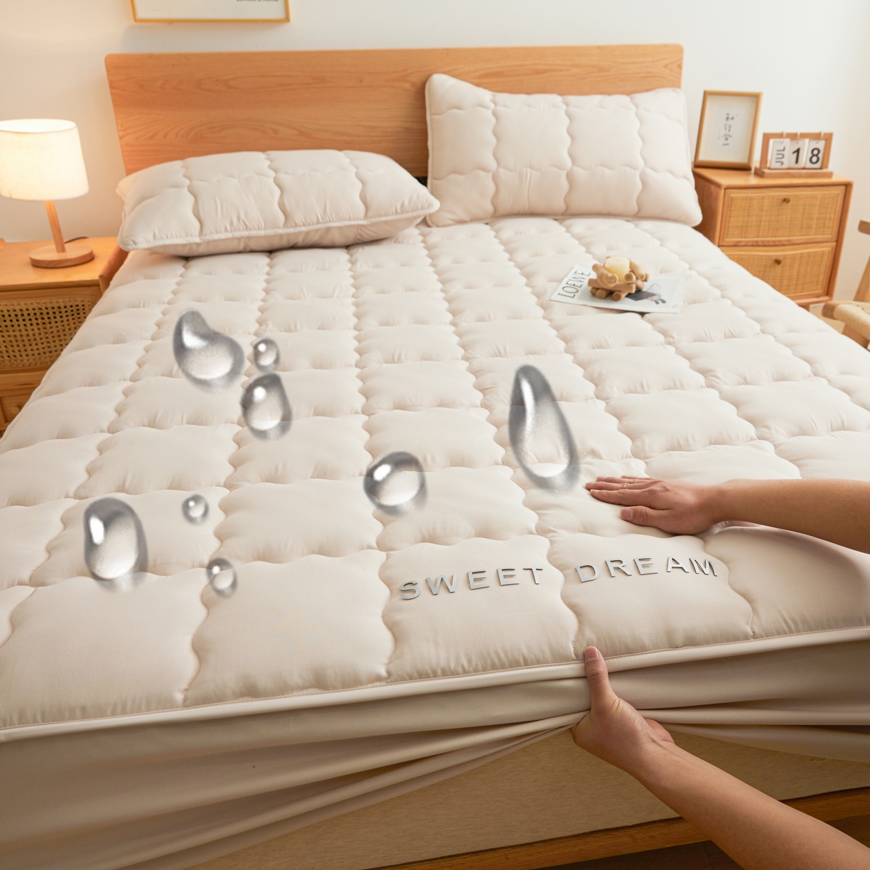 91家纺网 家纺一手货源 找家纺 喜居 2024新款A类水洗棉TPU防水床笠 美梦-奶咖 防水款