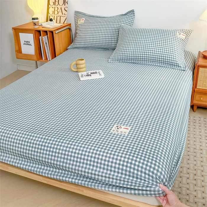 91家纺网 家纺一手货源 找家纺 梦舒羽 2025新款水洗棉麻单层床笠席梦思床垫保护套床单套加枕套-简约格子 小格-蓝