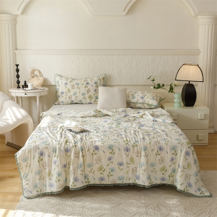 91家纺网 家纺一手货源 找家纺 有货2024新款氨纶凉感丝印花夏被空调被 睡莲