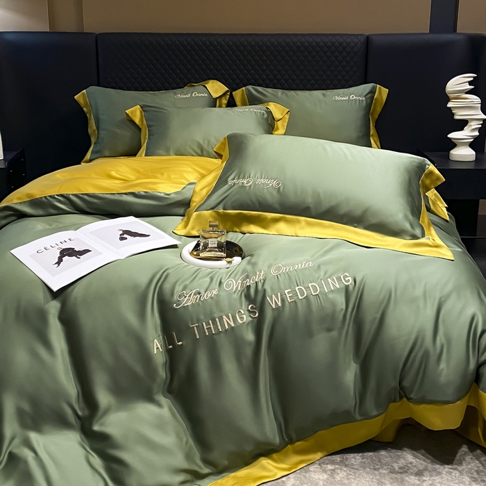 91家纺网 家纺一手货源 找家纺 优悦生活馆 2024新款永恒款冰丝刺绣四件套-风格二 永恒-海藻绿