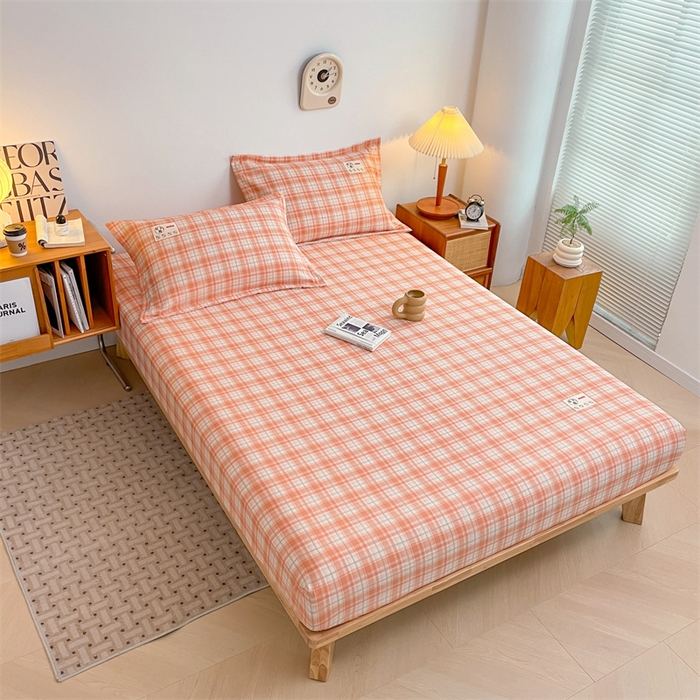 91家纺网 家纺一手货源 找家纺 梦舒羽 2025新款水洗棉麻单层床笠席梦思床垫保护套床单套加枕套-简约格子 线条格-粉玉