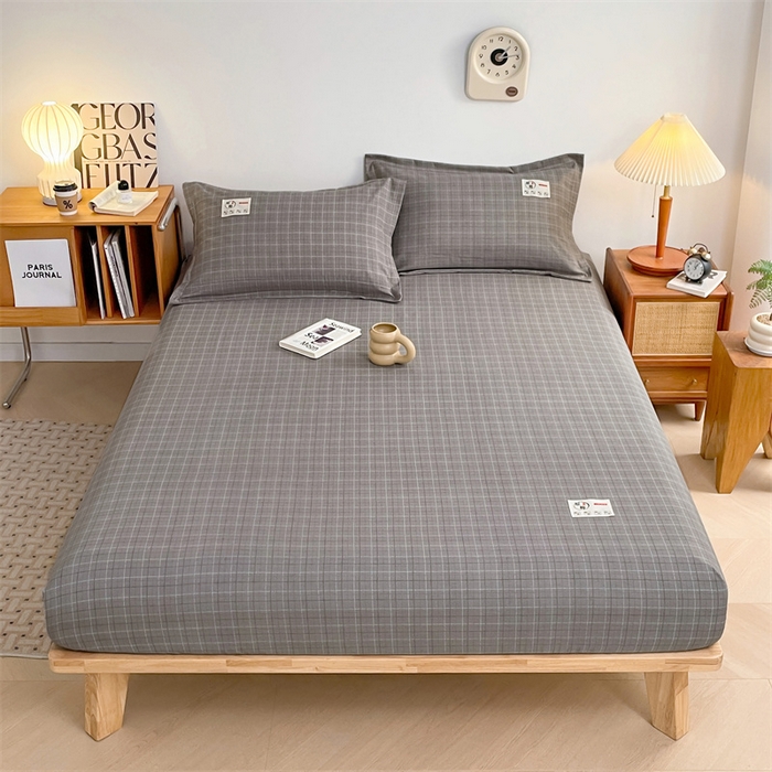 91家纺网 家纺一手货源 找家纺 梦舒羽 2025新款水洗棉麻单层床笠席梦思床垫保护套床单套加枕套-简约格子 线条格-深灰