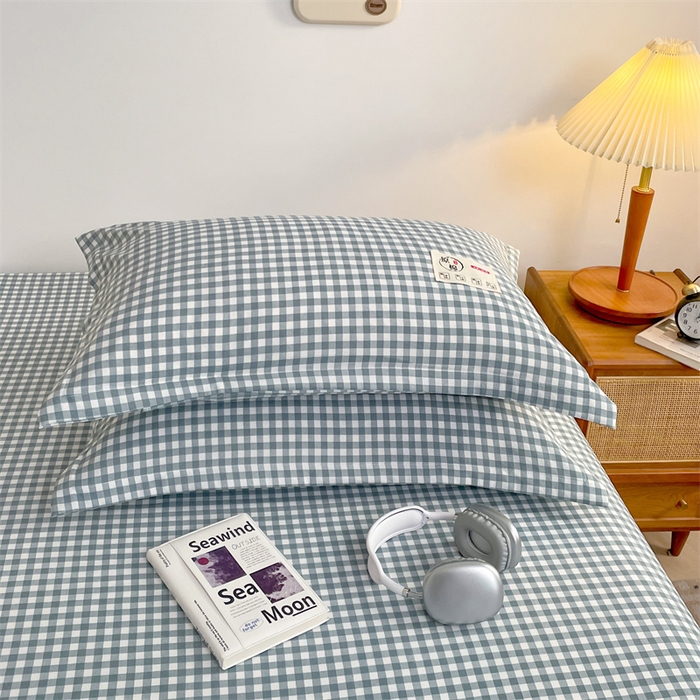 91家纺网 家纺一手货源 找家纺 2025新款水洗棉麻单层枕套宿舍枕芯内胆套枕头套-简约格子 小格-蓝