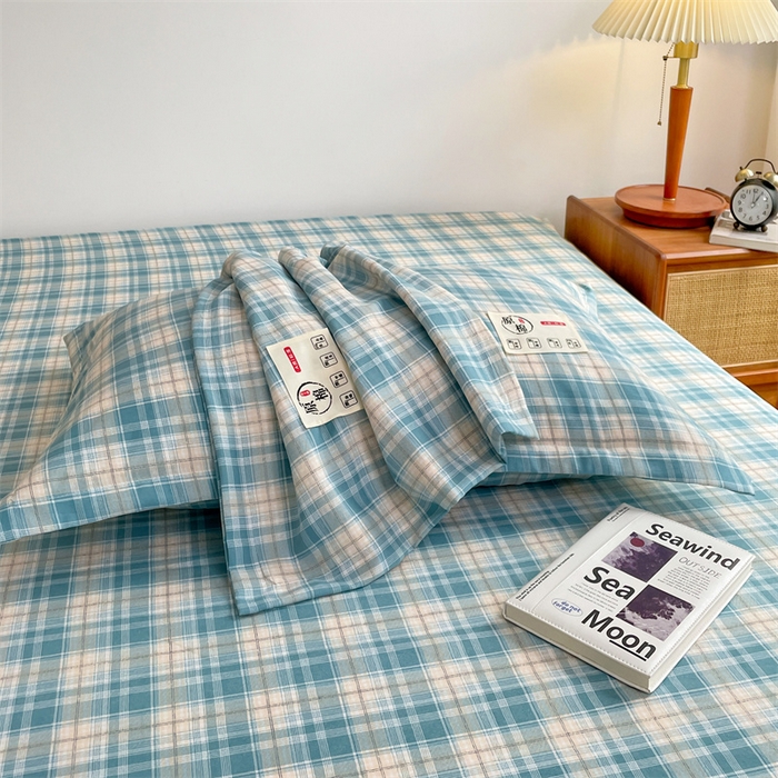 91家纺网 家纺一手货源 找家纺 2025新款水洗棉麻单层枕套宿舍枕芯内胆套枕头套-简约格子 线条格-蓝