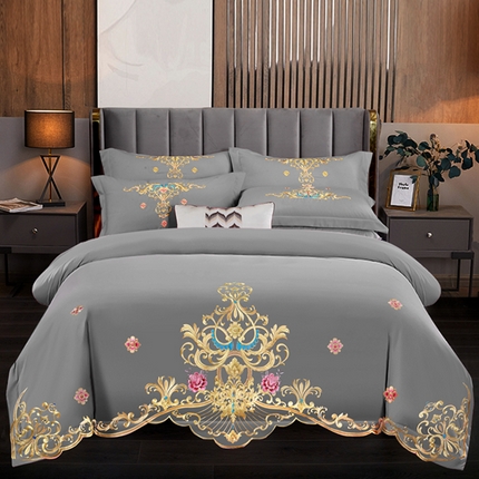 慕她家纺 2025新款磨毛婚庆四件套结婚刺绣花床品六喜庆 盛世庄园 经典灰