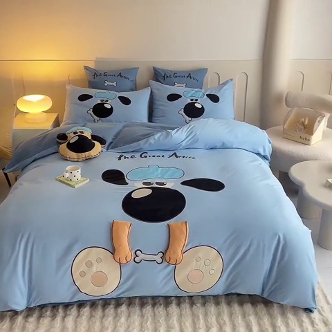 91家纺网 家纺一手货源 找家纺 绒棉世家 2025新款专版贴布绣四件套-大耳狗汪汪队 大耳狗汪汪队-蓝色