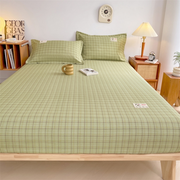 91家纺网 家纺一手货源 找家纺 梦舒羽 2025新款水洗棉麻单层床笠席梦思床垫保护套床单套加枕套-简约格子 线条格-绿