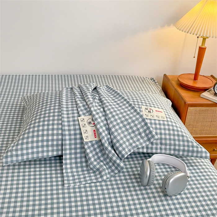 91家纺网 家纺一手货源 找家纺 2025新款水洗棉麻单层枕套宿舍枕芯内胆套枕头套-简约格子 小格-蓝