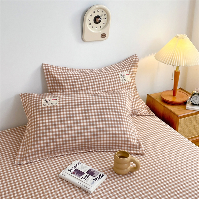 91家纺网 家纺一手货源 找家纺 2025新款水洗棉麻单层枕套宿舍枕芯内胆套枕头套-简约格子 小格-咖