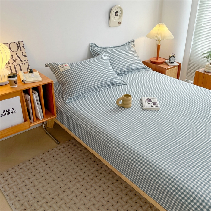 91家纺网 家纺一手货源 找家纺 梦舒羽 2025新款水洗棉麻单层床笠席梦思床垫保护套床单套加枕套-简约格子 小格-蓝