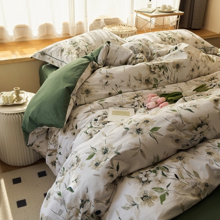 91家纺网 家纺一手货源 找家纺 由丽 2025新款2月全工艺柔棉全棉印花三件套四件套有床笠款 云苓-绿