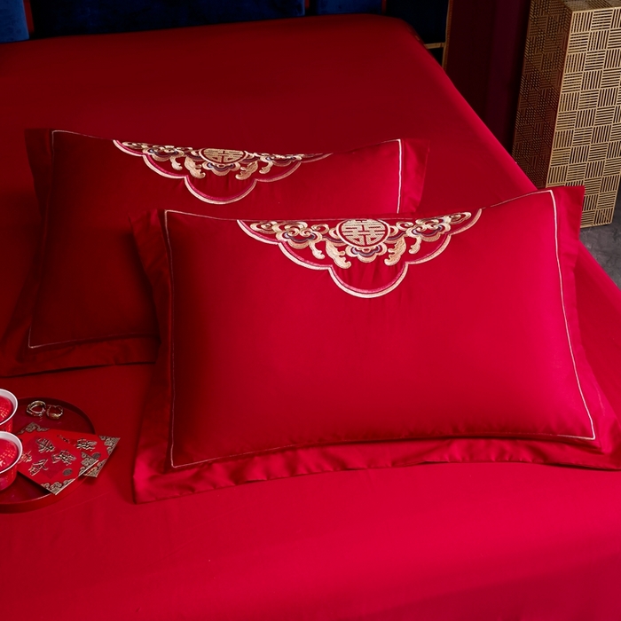 91家纺网 家纺一手货源 找家纺 慕她家纺 2025新款磨毛婚庆四件套结婚刺绣花床品六喜庆 龙凤欢腾